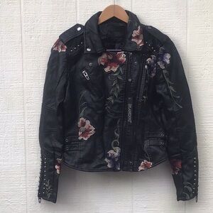 Blank NYC Floral Embroidered studded Black moto Leather Jacket